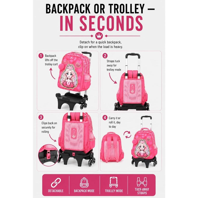 Rolling School Backpack with 3 Wheel Trolley, Detachable School Bag, School Bag for Girls and,Wheeled Bookbag with Pencil Case, Large Capacity - Image 3