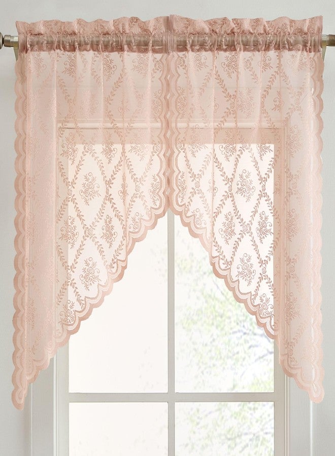 HLC.ME Isabella Floral Rod Pocket Lace Short Cafe Swags for Small Windows - 28 x 36 Inch Length (Blush Pink Swags, Set of 2) - Image 1