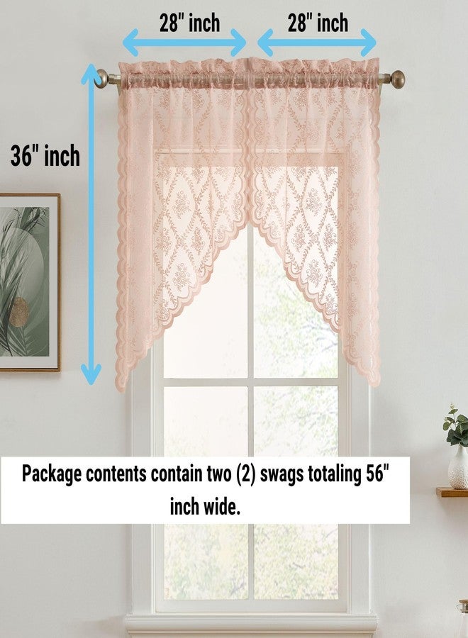 HLC.ME Isabella Floral Rod Pocket Lace Short Cafe Swags for Small Windows - 28 x 36 Inch Length (Blush Pink Swags, Set of 2) - Image 2