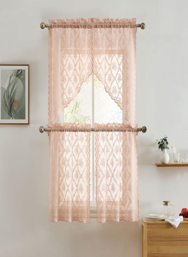 HLC.ME Isabella Floral Rod Pocket Lace Short Cafe Swags for Small Windows - 28 x 36 Inch Length (Blush Pink Swags, Set of 2) - Image 5