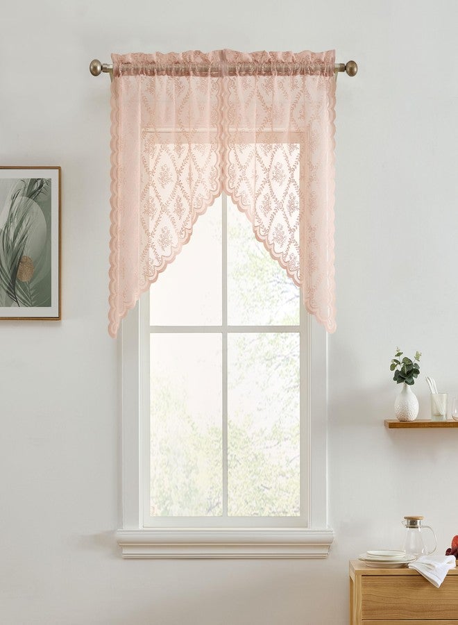 HLC.ME Isabella Floral Rod Pocket Lace Short Cafe Swags for Small Windows - 28 x 36 Inch Length (Blush Pink Swags, Set of 2) - Image 3