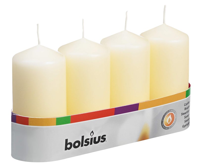 BOLSIUS BOLSIUS 4 Count 2x4 Inch Ivory Pillar Candles  20 Hours Burn Time  Premium European Quality  Unscented Dripless And Smokeless Wedding Party Dinner Restaurant And Special Occasion Candle Set 