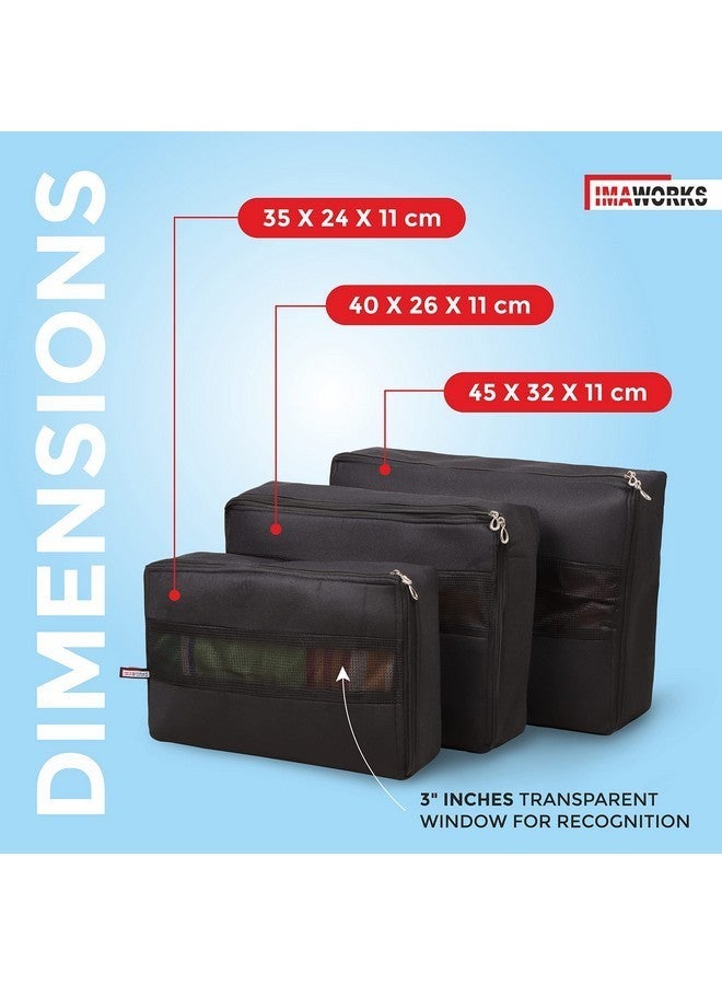 IMAWORKS Travel Organizer 3 Set Packing Cubes Travel Luggage Packing Organizers Set Cloth Storage Bags (Large, Medium and Small Cube, Black, Laminated Fabric) - Image 3