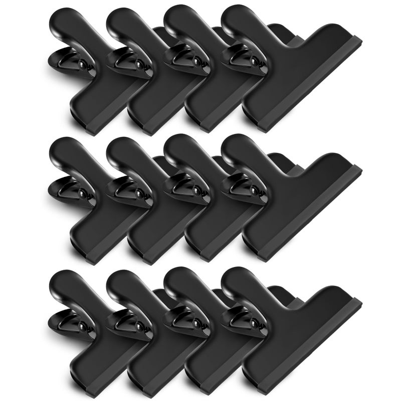 HOUSE AGAIN 12 Pack Stainless Steel Chip Bag Clips Covered with Silicone NO More Sharp Edges Color Coded for Food Bags Air Tight Seal Heavy Duty for Kitchen and Office 3 Inches Wide Black