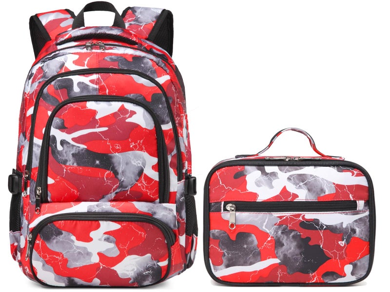 BLUEFAIRY Kids Backpack with Lunch Box for Boys Girls Elementary Middle School BookBags for Teens Childs Back to School Travel Gifts Large Campartments Padded Straps Sleeve Camo Red - Image 1