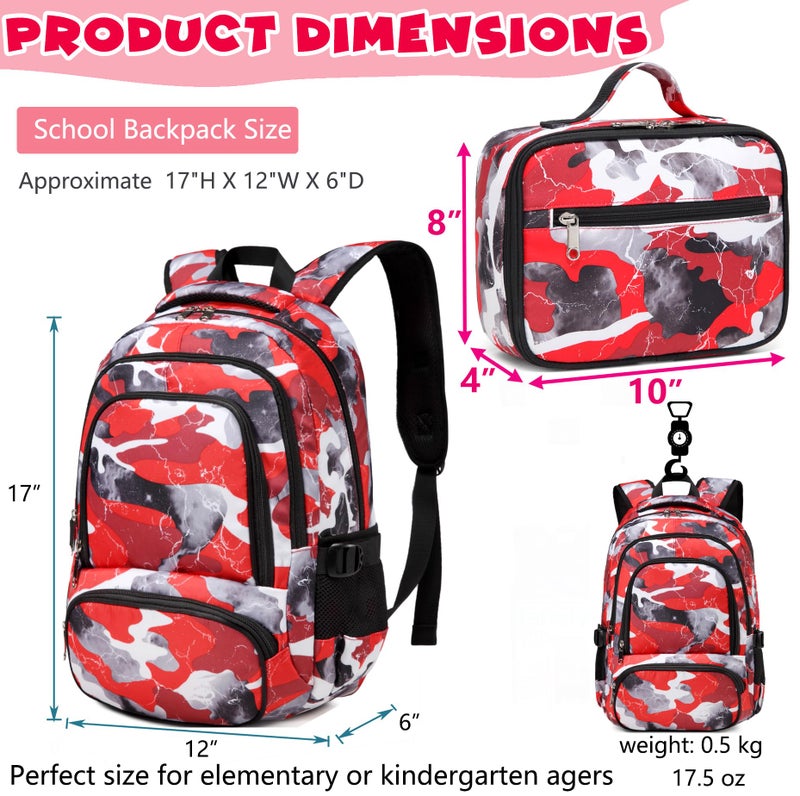BLUEFAIRY Kids Backpack with Lunch Box for Boys Girls Elementary Middle School BookBags for Teens Childs Back to School Travel Gifts Large Campartments Padded Straps Sleeve Camo Red - Image 2