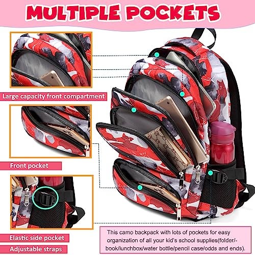 BLUEFAIRY Kids Backpack with Lunch Box for Boys Girls Elementary Middle School BookBags for Teens Childs Back to School Travel Gifts Large Campartments Padded Straps Sleeve Camo Red - Image 3