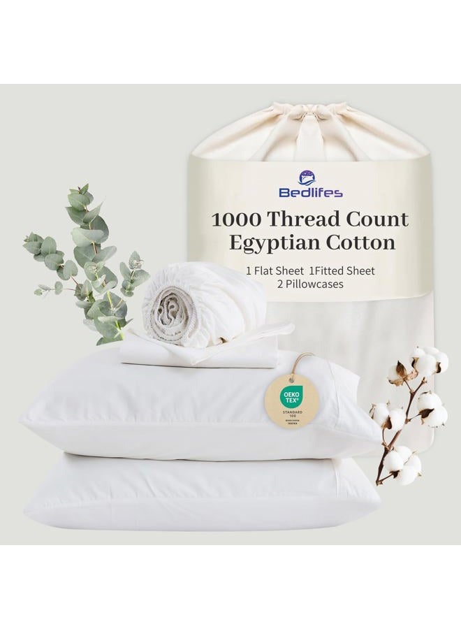 Bedlifes Egyptian Cotton Sheets 1000 Thread Count King Size, 4-Piece 16" Deep Pocket - Cooling & Breathable Ultra Soft Bedding for Hotel Comfort (White) - Image 1
