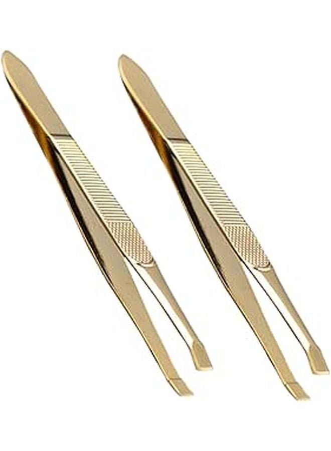 Stainless Steel Gold Tweezers Set 2pcs for Eyebrow Lashes Extensions Beauty Grooming - Image 1