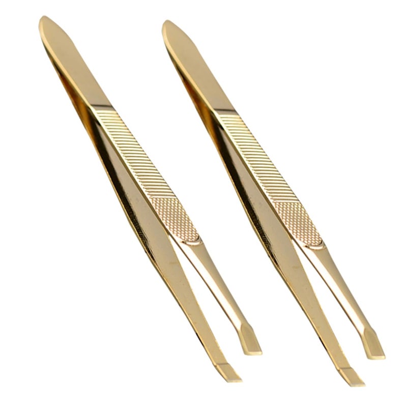 Stainless Steel Gold Tweezers Set 2pcs for Eyebrow Lashes Extensions Beauty Grooming - Image 2
