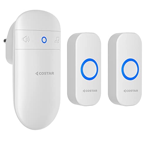 Costar T302 M508 Wireless Door Bell for Home Office with Led Light 300 Meter 1000 Feet Operating Range 32 Ringtones 5 Levels Volume, 1 Receiver and 2 Push Button Ip44 Waterproof, White - Image 1