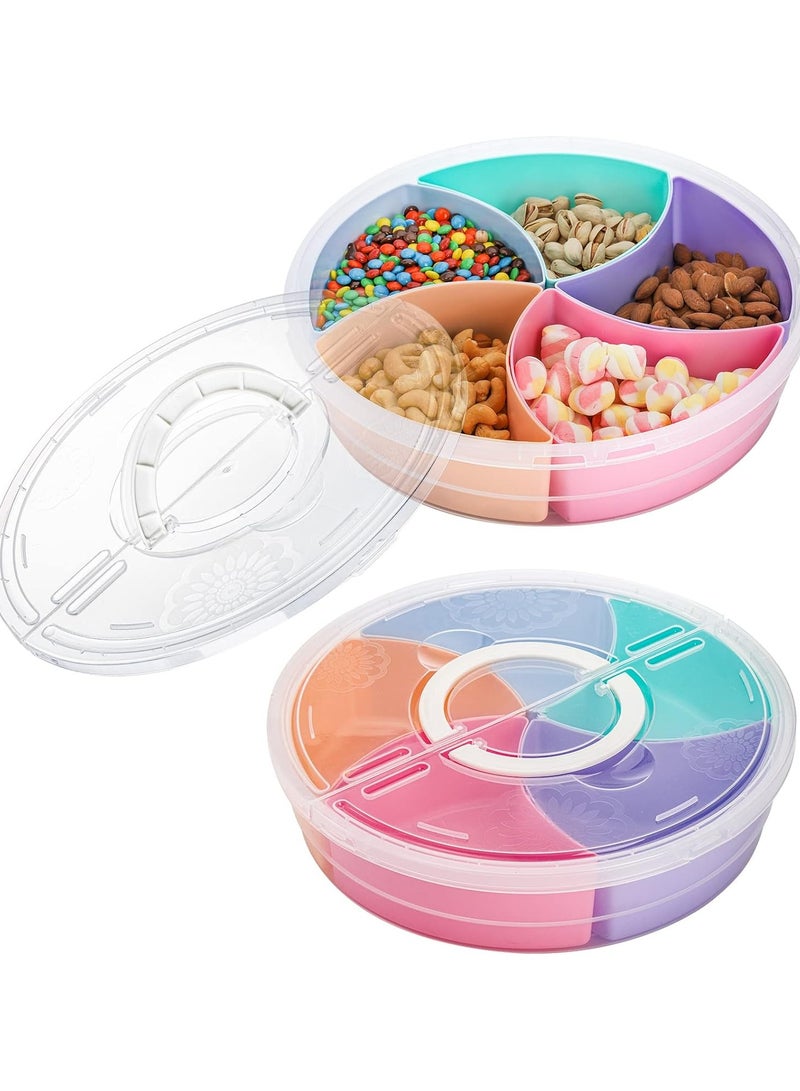 Snack Serving Tray with Lid, 12inch Fruit Serving Container, 5 Colorful Compartment Round Appetizer Tray, Divided Plastic Food Storage Organizer Plate for Snack, Candy, Nut, Picnic - Image 1