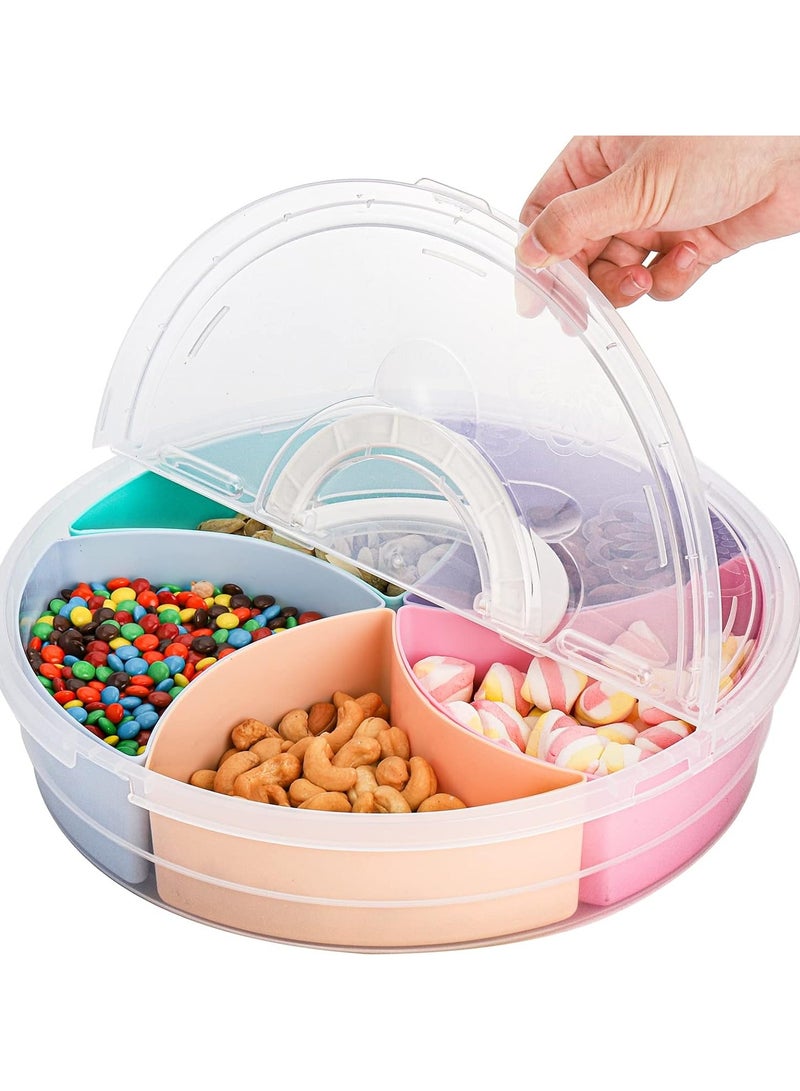 Snack Serving Tray with Lid, 12inch Fruit Serving Container, 5 Colorful Compartment Round Appetizer Tray, Divided Plastic Food Storage Organizer Plate for Snack, Candy, Nut, Picnic - Image 3