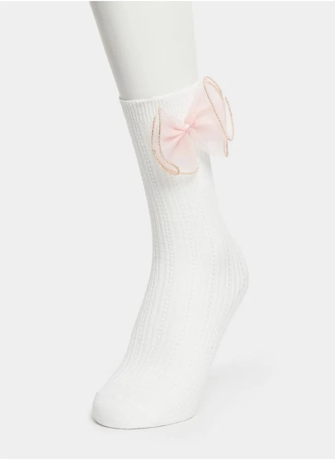 Styli Mesh Bow Tie Applique Mid Length Sock