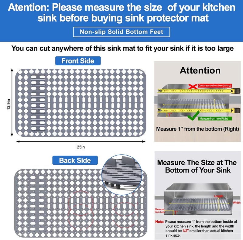 ARLBA 1Pack Sink Protectors for Kitchen Sink,Silicone Sink Mat Grid Accessory,Non-slip Grey Sink Mats for Bottom of Kitchen Farmhouse Stainless Steel Porcelain Sink 25.2"x 13") - Image 3