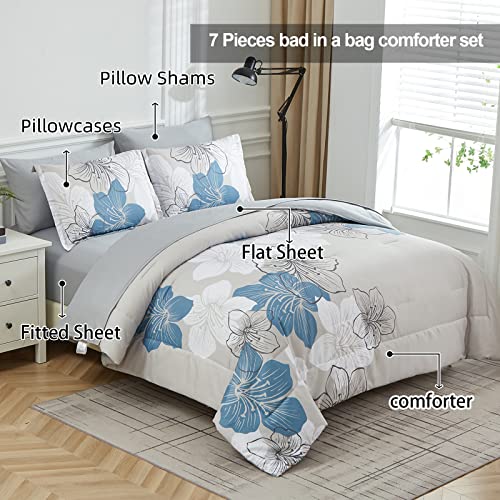 Luxudecor Floral Comforter Set Queen Size, Blue Floral Comforter and Sheet Set, 7 Pieces Bed in a Bag Soft Microfiber Complete Bedding Sets for All Seasons 90"×90" - Image 2