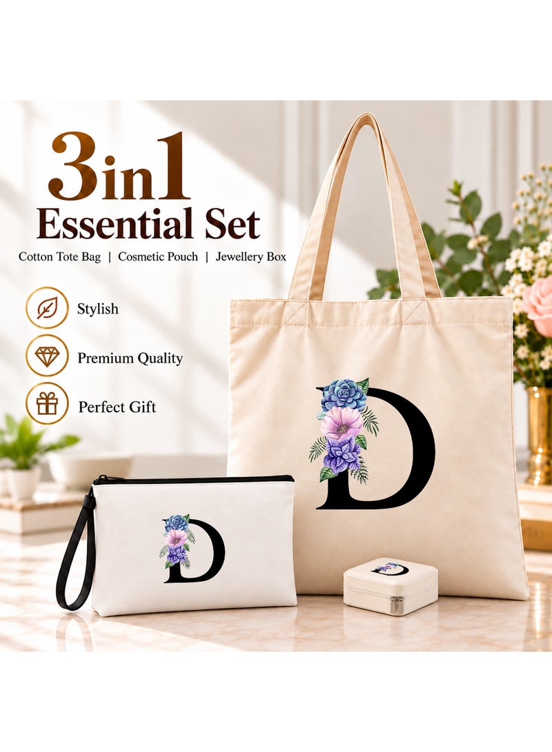 برينت شوب فور مي مجموعة هدايا (حرف مزين بالزهور): حقيبة تسوق (Tote Bag) + حقيبة صغيرة (Pouch) + علبة مجوهرات (3 في 1) - Image 2