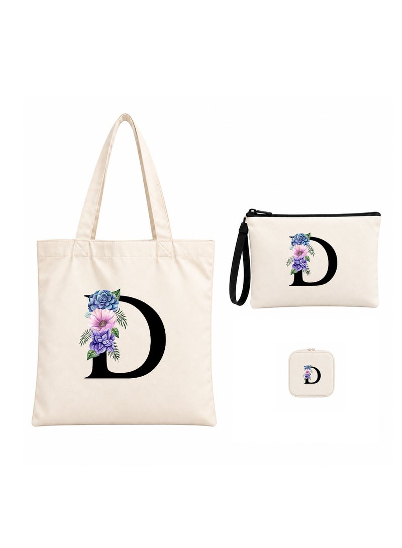 برينت شوب فور مي مجموعة هدايا (حرف مزين بالزهور): حقيبة تسوق (Tote Bag) + حقيبة صغيرة (Pouch) + علبة مجوهرات (3 في 1) - Image 1