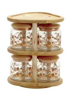 Quality Wood 6-Piece Rubberwood & Glass Revolving Spice Jar Set With Air-Tight Seals With Wooden Stand Brown/Clear/ Beige. Stand Size: Width 23cm x Depth 22cm x Hight 28.5cm.  - Image 1