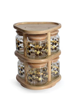 Quality Wood 6-Piece Rubberwood & Glass Revolving Spice Jar Set With Air-Tight Seals With Wooden Stand Brown/Clear/ Beige. Stand Size: Width 23cm x Depth 22cm x Hight 28.5cm.  - Image 2