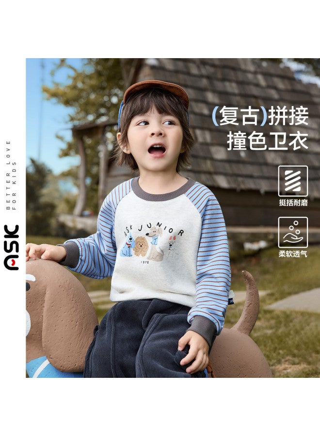 ASK JUNIOR Children's Hoodie 2025 Autumn Kids Contrast Color Cartoon Print Base Shirt Boys Round Neck Sports Top - Image 2