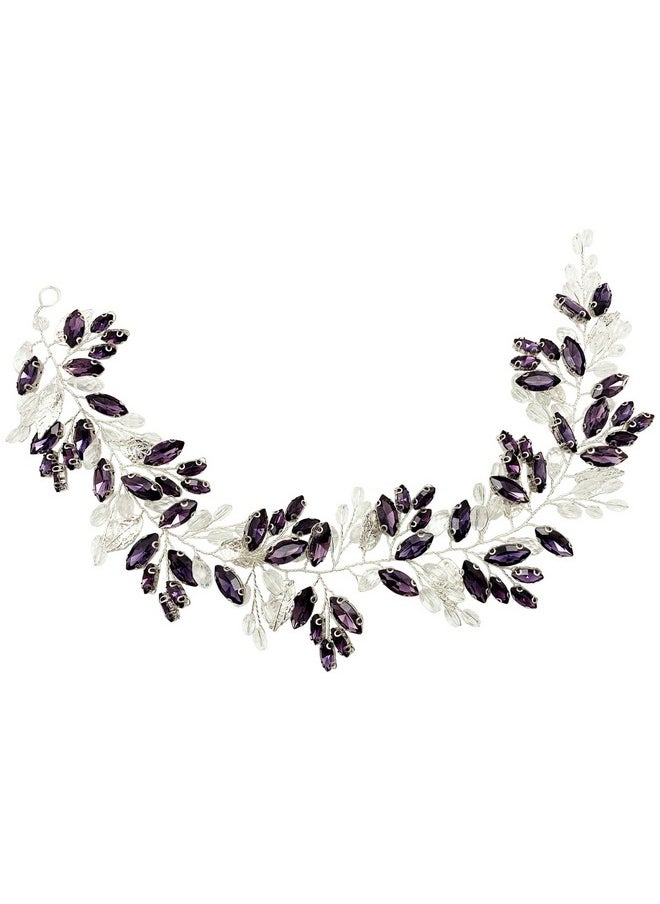 BETITETO Bridal Baroque Crystal Headpiece Wedding Rhinestone Silver Leaf Hair Vine Accessories For Women Girls (Purple)  - Image 1