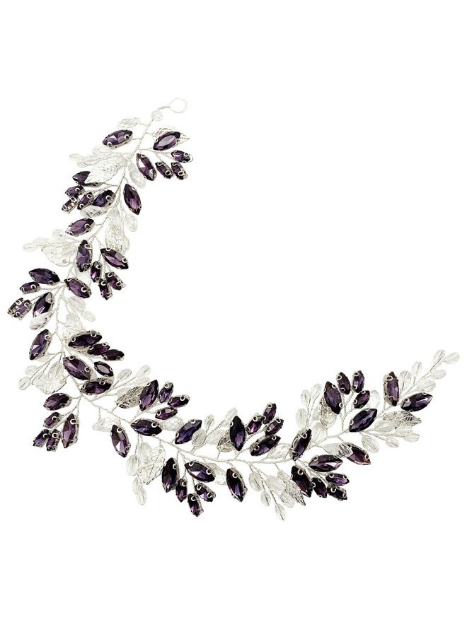 BETITETO Bridal Baroque Crystal Headpiece Wedding Rhinestone Silver Leaf Hair Vine Accessories For Women Girls (Purple)  - Image 4