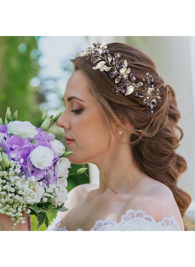 BETITETO Bridal Baroque Crystal Headpiece Wedding Rhinestone Silver Leaf Hair Vine Accessories For Women Girls (Purple)  - Image 2