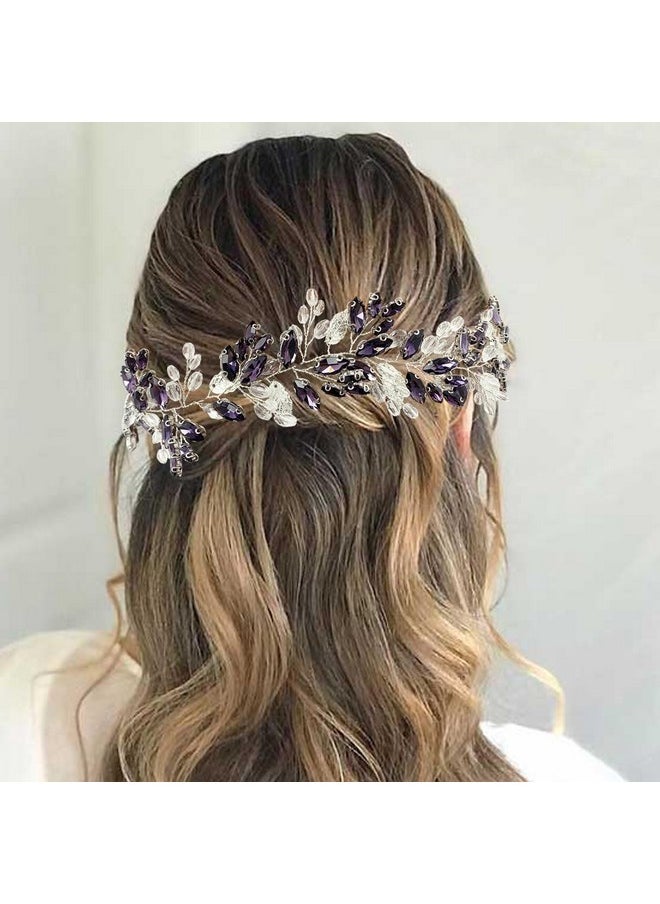 BETITETO Bridal Baroque Crystal Headpiece Wedding Rhinestone Silver Leaf Hair Vine Accessories For Women Girls (Purple)  - Image 3