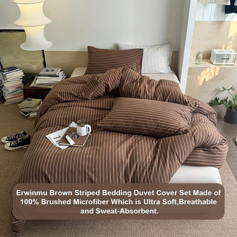Erwinmu Duvet Cover Set King Size Brown Striped Bedding Set for Girls Boys,Modern Back to School Duvet Cover Kids with Zipper Closure and 2 Pillowcases - Image 2