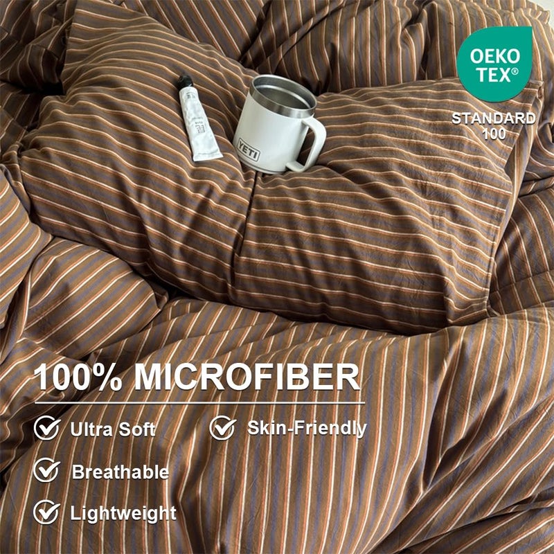 Erwinmu Duvet Cover Set King Size Brown Striped Bedding Set for Girls Boys,Modern Back to School Duvet Cover Kids with Zipper Closure and 2 Pillowcases - Image 3