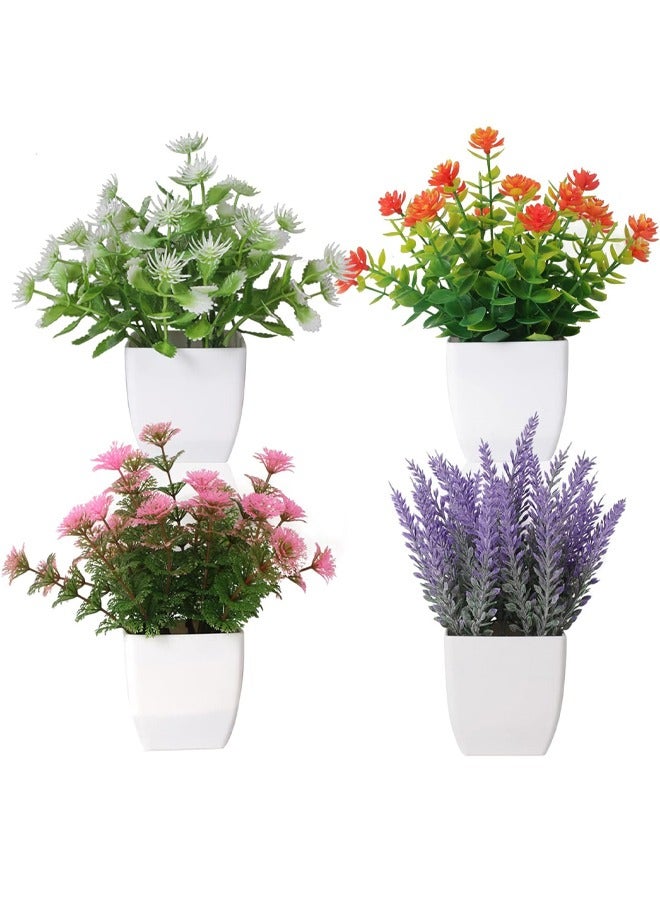 GUSGU 4 Pack Mini Artificial Flowers in Pot, Small Fake Greenery Plants, Faux Plastic Plants for Indoor Home Decor Living Room Bedroom Desktop Bookshelf Decoration - Image 1