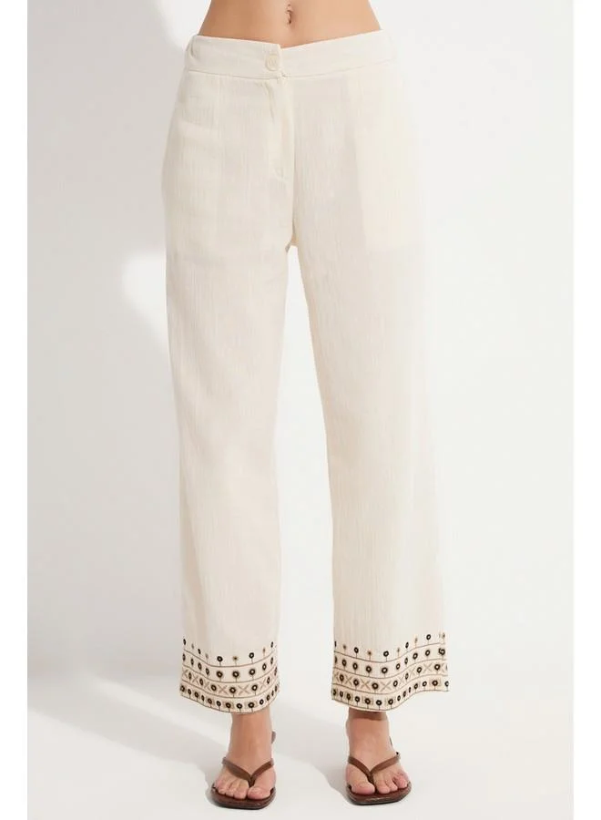 جون June Women 100% Cotton Embroidered Detailed Vest Trouser Set Ecru