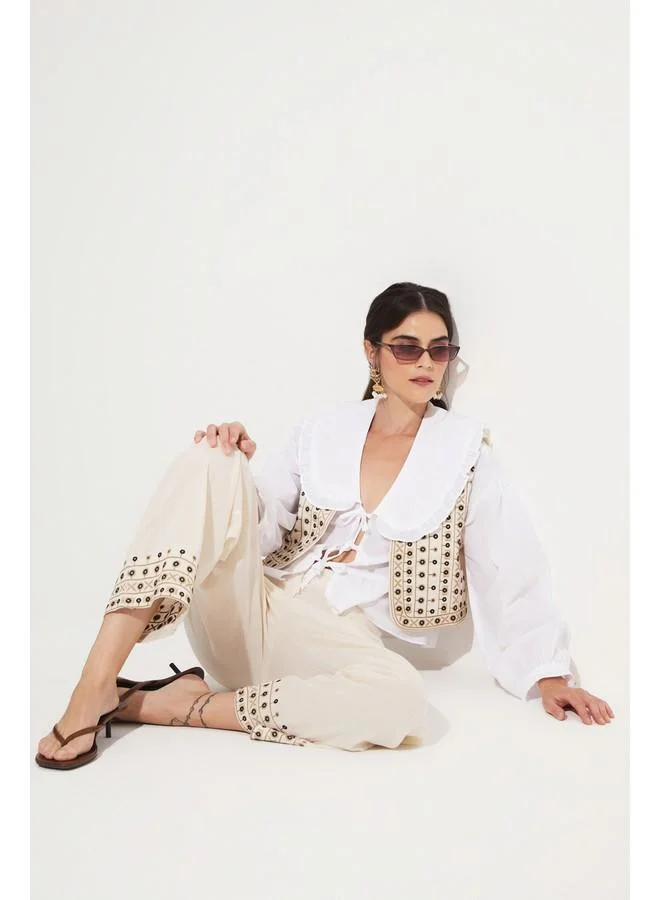جون June Women 100% Cotton Embroidered Detailed Vest Trouser Set Ecru