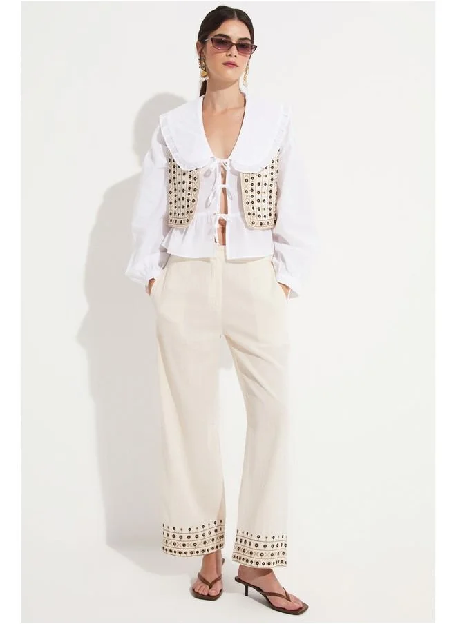 جون June Women 100% Cotton Embroidered Detailed Vest Trouser Set Ecru