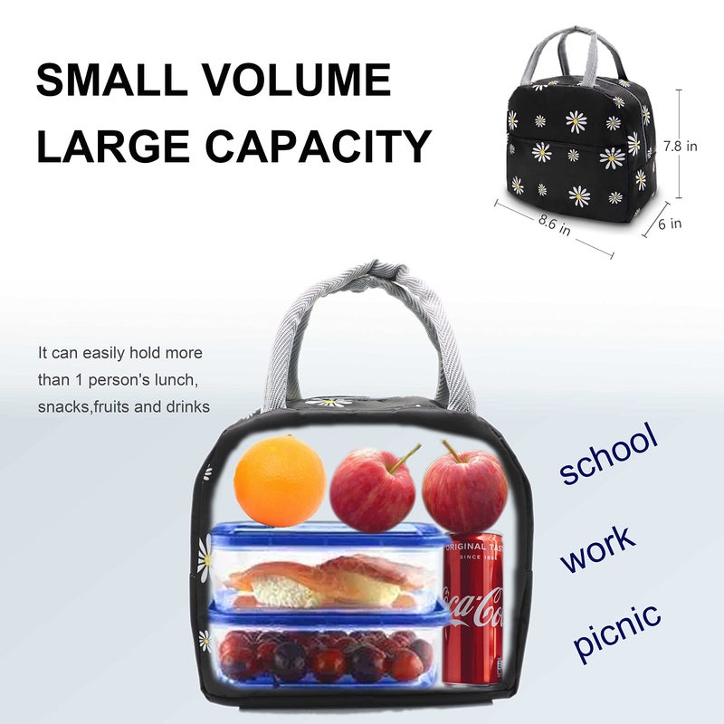 Sonuimy Insulated Lunch Bag Women, Reusable Cute Tote Lunch Box for Adult & Men, Leakproof Cooler Lunch Bags for Work Office Travel Picnic (Black with White Daisy) - Image 5