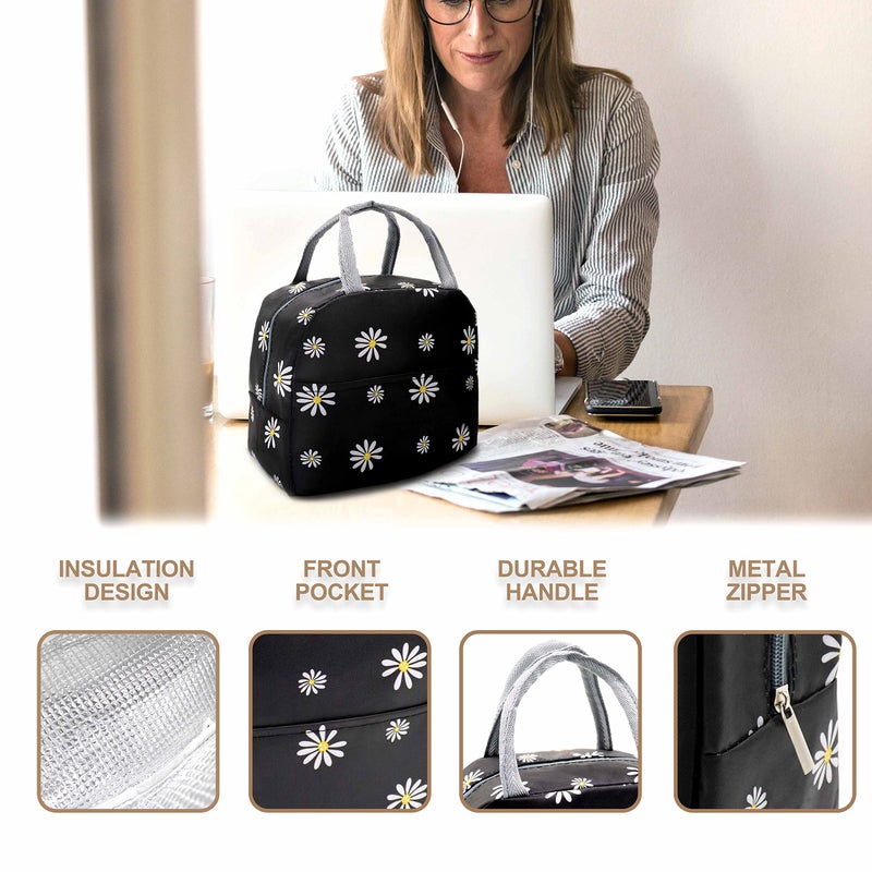 Sonuimy Insulated Lunch Bag Women, Reusable Cute Tote Lunch Box for Adult & Men, Leakproof Cooler Lunch Bags for Work Office Travel Picnic (Black with White Daisy) - Image 4