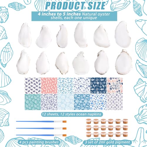 ForraFun 12 Set Oyster Shells Bulk for Crafts DIY -4''-5'' Ocean Pattern DIY Natural Oyster Shell Craft Kits with Decoupage Paper Napkin Paint Strips Brushes for Painting Beach Themes Wedding - Image 2