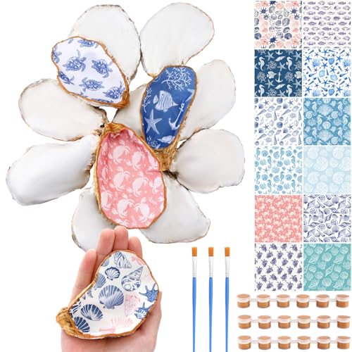 ForraFun 12 Set Oyster Shells Bulk for Crafts DIY -4''-5'' Ocean Pattern DIY Natural Oyster Shell Craft Kits with Decoupage Paper Napkin Paint Strips Brushes for Painting Beach Themes Wedding - Image 1