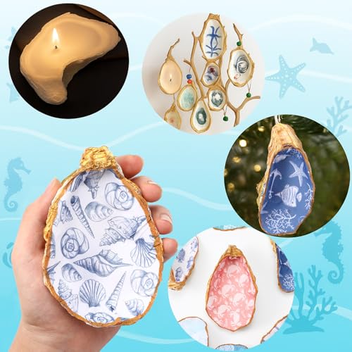 ForraFun 12 Set Oyster Shells Bulk for Crafts DIY -4''-5'' Ocean Pattern DIY Natural Oyster Shell Craft Kits with Decoupage Paper Napkin Paint Strips Brushes for Painting Beach Themes Wedding - Image 5