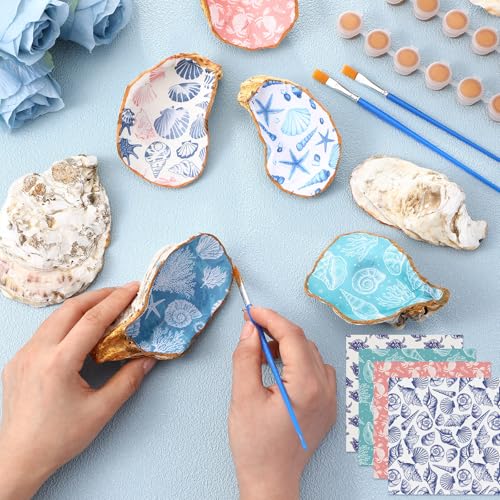 ForraFun 12 Set Oyster Shells Bulk for Crafts DIY -4''-5'' Ocean Pattern DIY Natural Oyster Shell Craft Kits with Decoupage Paper Napkin Paint Strips Brushes for Painting Beach Themes Wedding - Image 4