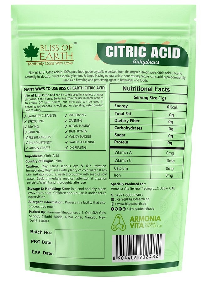 BLISS OF EARTH مسحوق حمض الستريك من بليس أوف إيرث للطعام والنباتات، ملح الليمون اللامائي لأغراض التنظيف، 453 جرام - Image 2