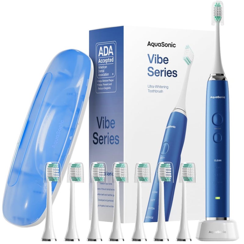 Aquasonic Vibe Series UltraWhitening Toothbrush ADA Accepted Electric Toothbrush 8 Brush Heads Travel Case 40000 VPM Motor Wireless Charging 4 Modes w Smart Timer Sapphire Blue
