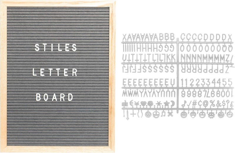 Stiles 12"x16" Felt Letter Board Sign Set, With 440 Plastic Letters, Numbers, and Symbols, Changeable Wooden Message Board for Menu, Milestones, or Baby Announcement Sign, Grey - Image 1