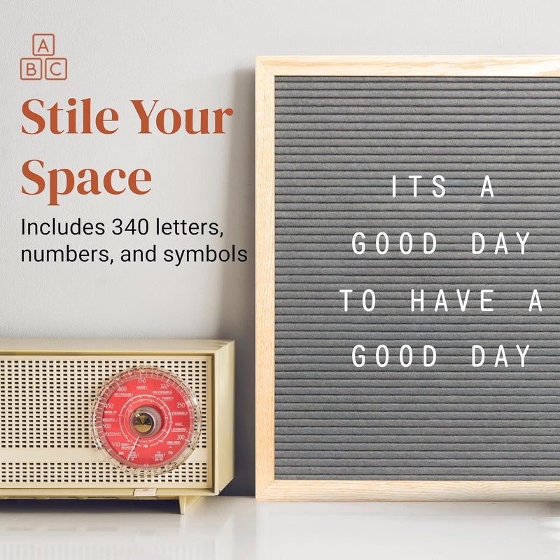 Stiles 12"x16" Felt Letter Board Sign Set, With 440 Plastic Letters, Numbers, and Symbols, Changeable Wooden Message Board for Menu, Milestones, or Baby Announcement Sign, Grey - Image 5