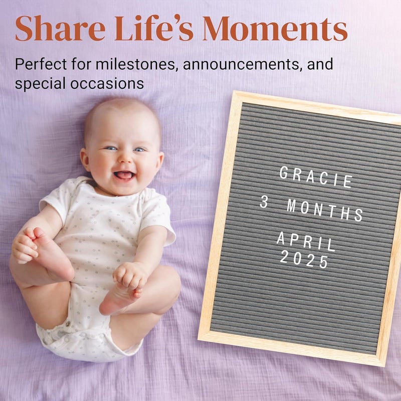 Stiles 12"x16" Felt Letter Board Sign Set, With 440 Plastic Letters, Numbers, and Symbols, Changeable Wooden Message Board for Menu, Milestones, or Baby Announcement Sign, Grey - Image 4