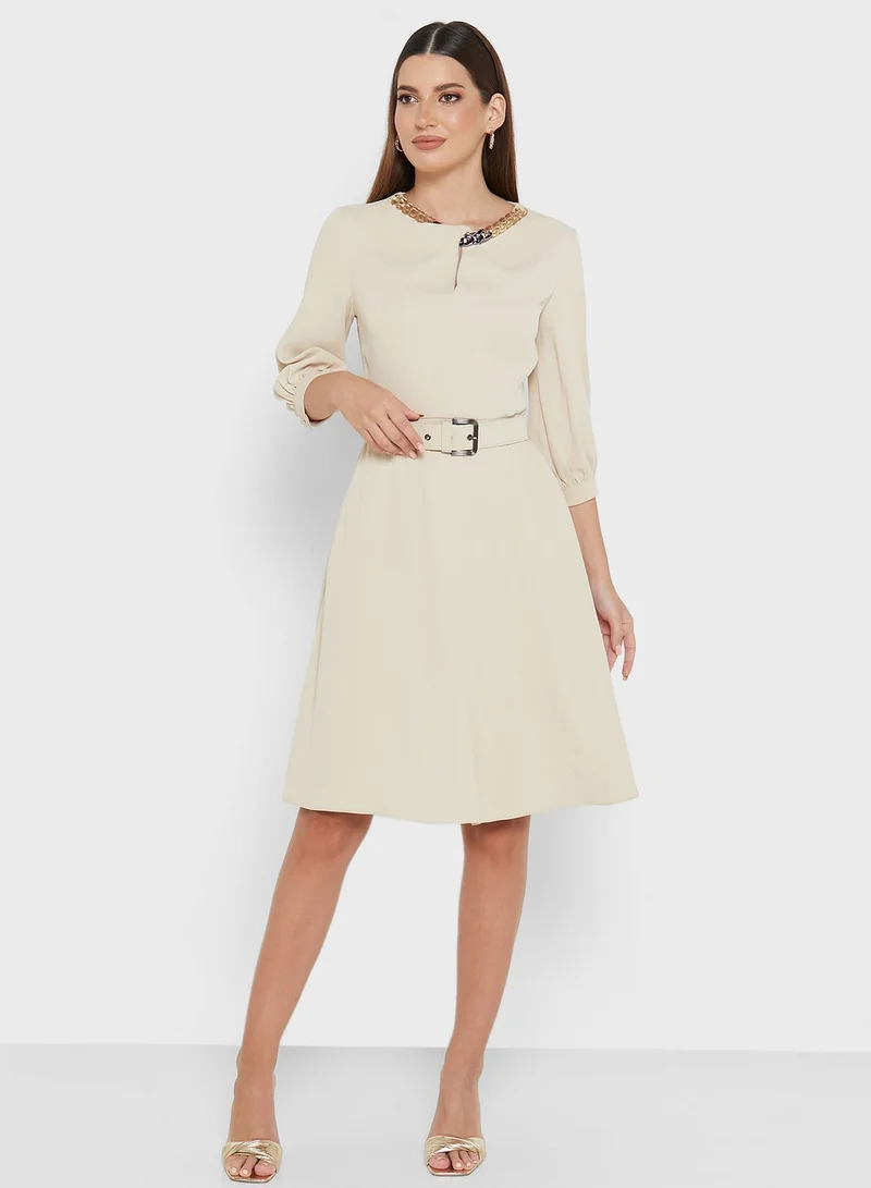 FYOR Puff Sleeve Belt Detail Dress