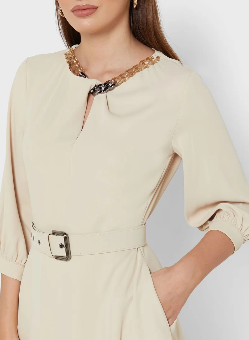 FYOR Puff Sleeve Belt Detail Dress
