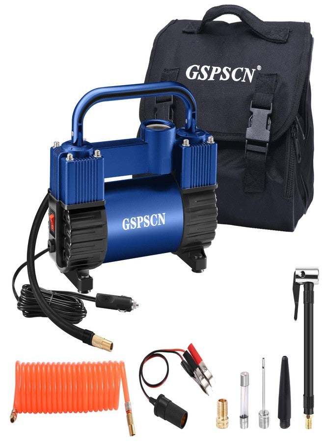 GSPSCN Blue Tire Inflator Heavy Duty Double Cylinders with Portable Bag - Car Accessories，Metal DC 12V Air Compressor Pump 150PSI w/Adapter for Car, Truck, SUV Tires, Dinghy, Air Bed, RV etc - Image 1