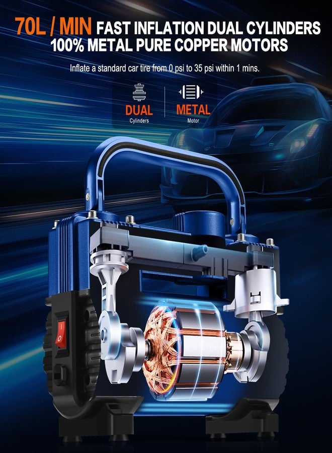 GSPSCN Blue Tire Inflator Heavy Duty Double Cylinders with Portable Bag - Car Accessories，Metal DC 12V Air Compressor Pump 150PSI w/Adapter for Car, Truck, SUV Tires, Dinghy, Air Bed, RV etc - Image 5